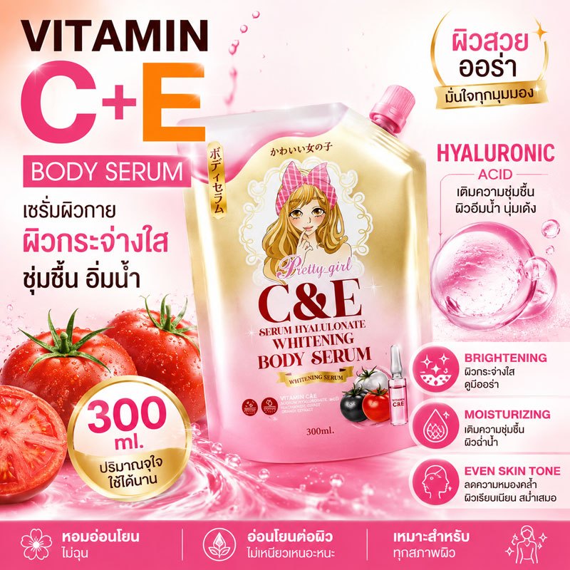 เซรั่มผิวขาว วิตามิน Pretty Girl C&E ไฮยาลูรอน บอดี้เซรั่ม 300ml ผิวกระจ่างใส ชุ่มชื้น ลดความหมองคล้ำ