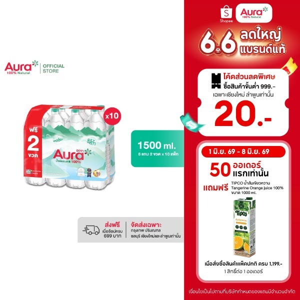 [ส่งกทม.และปริมณฑล เชียงใหม่ ลำพูนเท่านั้น] 10 แพ็ค - AURA ออรา น้ำแร่ธรรมชาติ 100% 1500 ml x 6 ขวด Free 2 (80 ขวด)