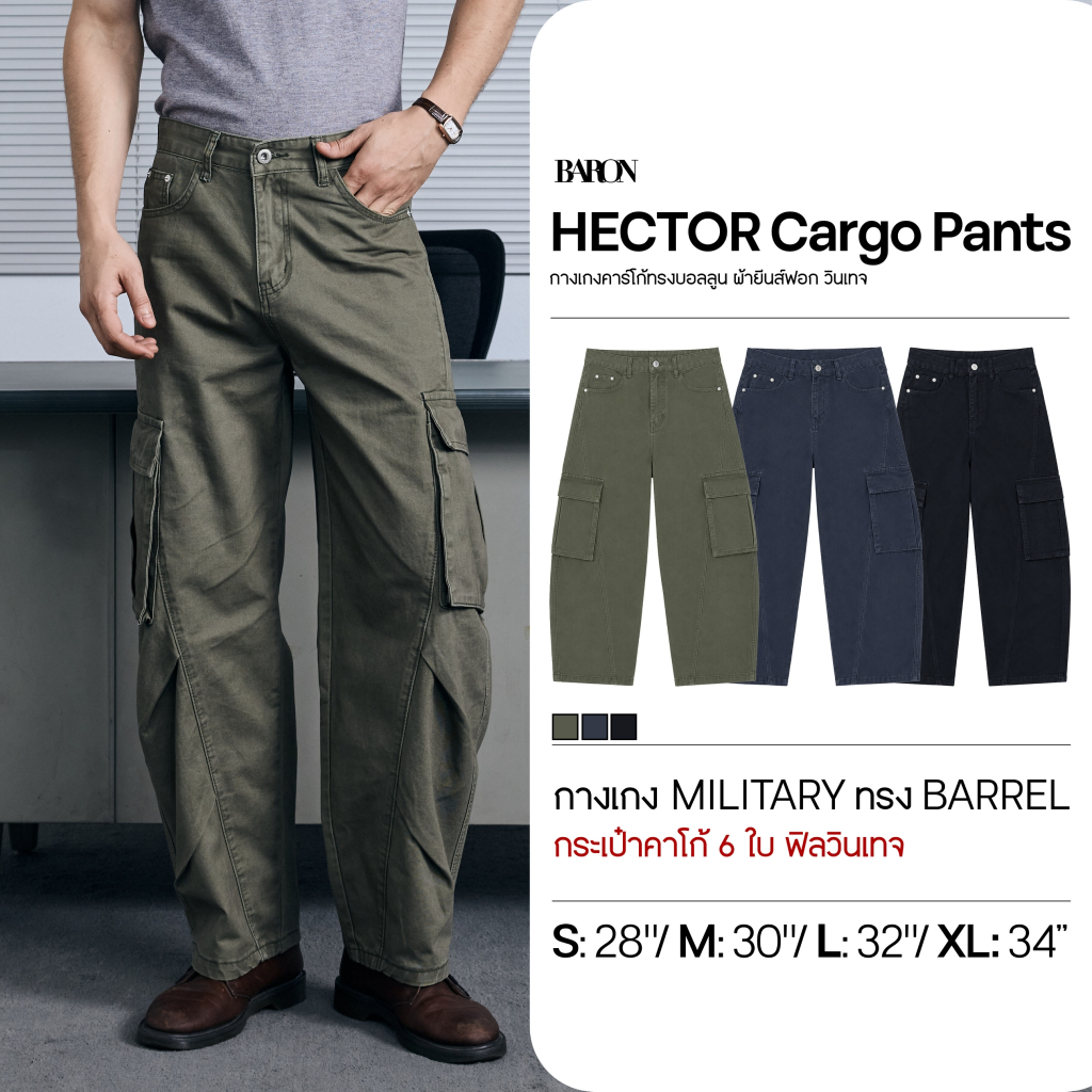 BARON “HECTOR” Cargo Pants กางเกงคาร์โก้ทรงบอลลูน ผ้ายีนส์ฟอก วินเทจ