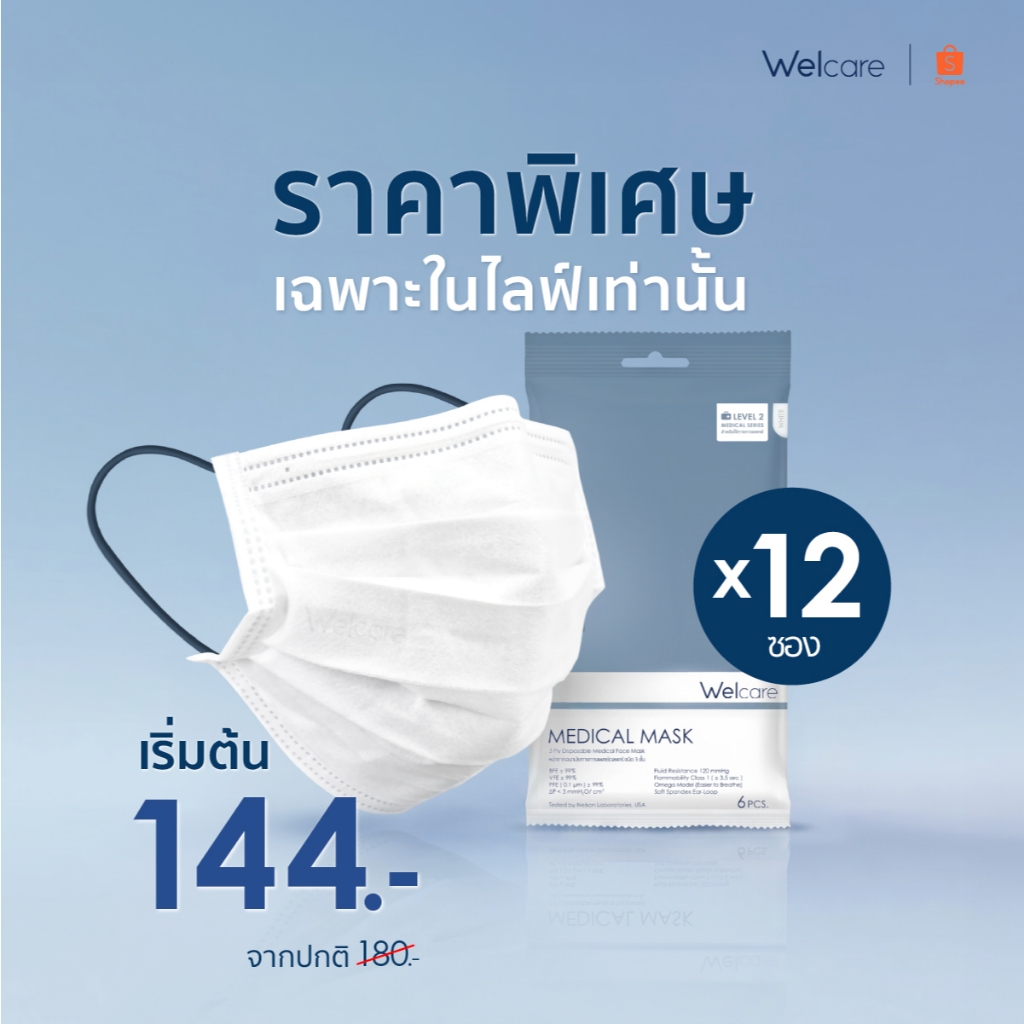 [Official] หน้ากากอนามัย Welcare ทางการแพทย์ 3 ชั้น ระดับ 1 ช่วยป้องกันฝุ่น PM2.5 6 ชิ้น/ซอง (แพ็ค12ซอง)