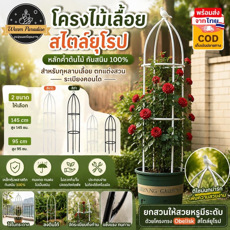 โครงไม้เลื้อย 95/145cm หลักค้ำต้นไม้ สไตล์ยุโรป กันสนิม สำหรับกุหลาบเลื้อย ตกแต่งสวน ระเบียงคอนโด พร้อมส่งจากไทย COD