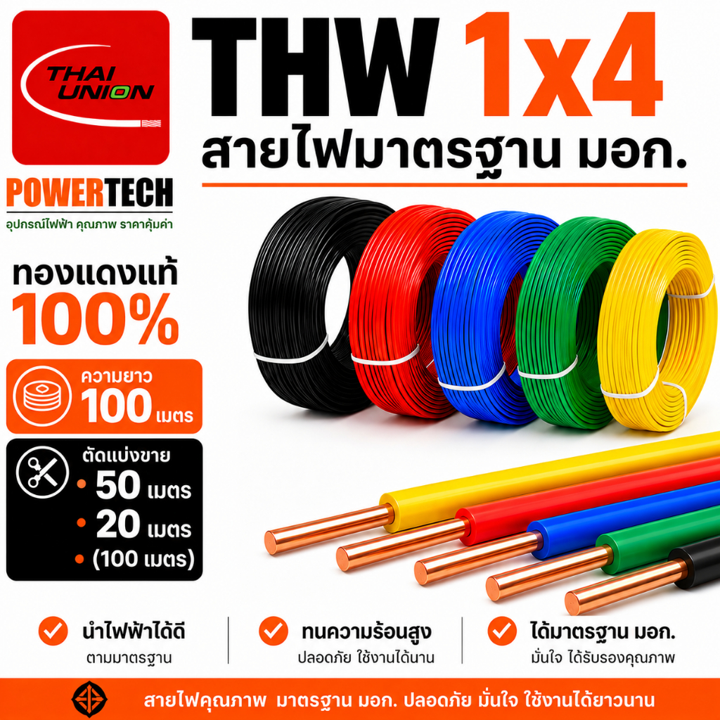 THW 1x4 SQ.MM.สายไฟ สายทองแดง ยี่ห้อ THAI UNION ยาว 100 เมตร ตัด 20 เมตร 50 เมตร สายเดี่ยว สายแข็ง
