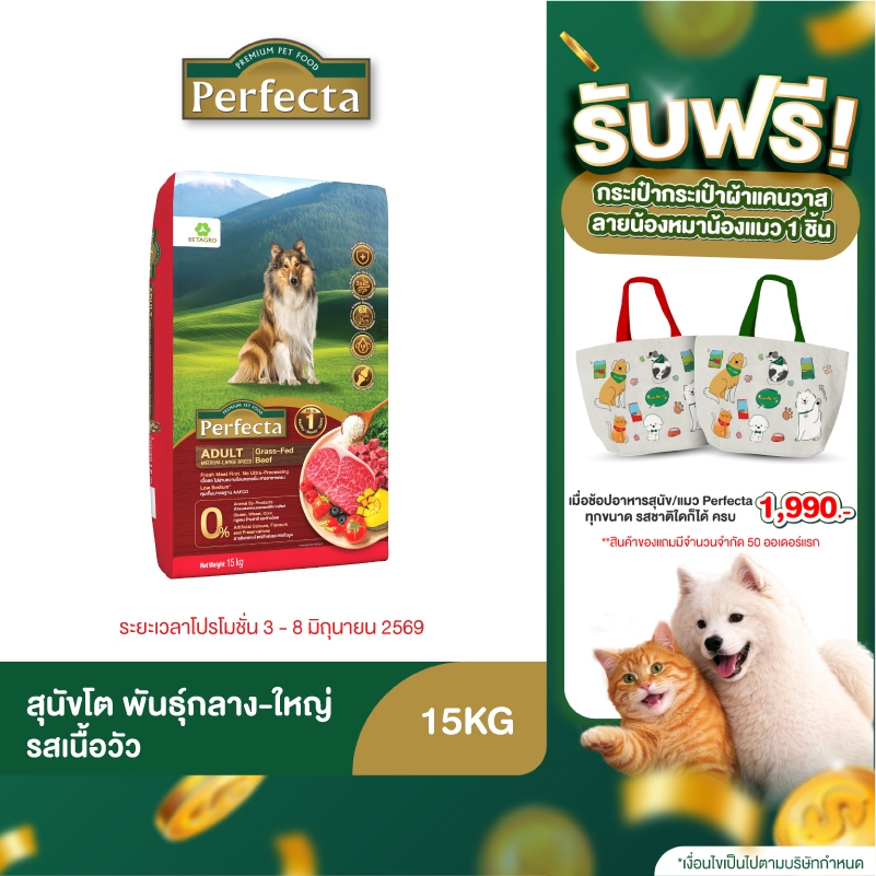 Perfecta Wellness สุนัขโต กลาง-ใหญ่ รสเนื้อ 15 KG