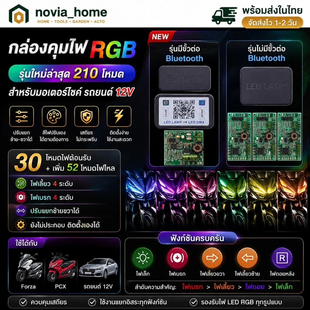 กล่องคุมไฟ RGB 210 โหมด 12V สำหรับมอเตอร์ไซค์ รถยนต์ Forza PCX