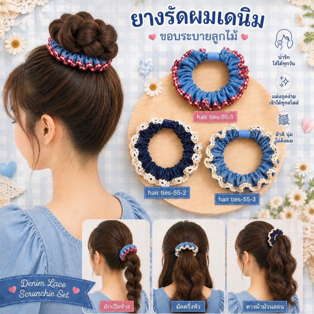 ยางมัดผมผ้าเดนิมคุณภาพดี ขอบลูกไม้ระบายสุดน่ารัก