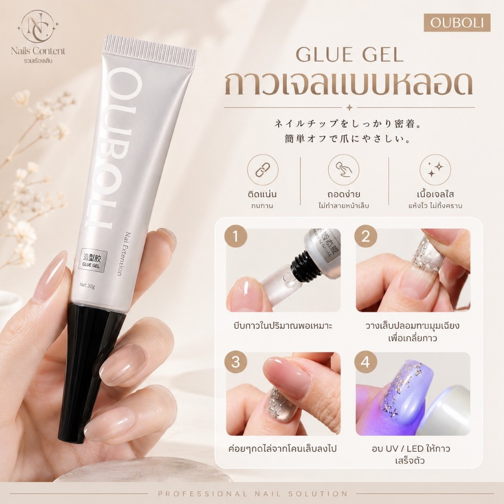 Ouboli Nail Stickers Gel (กาวติดเล็บปลอมแบบเจล)  เป็นเจลกาวเนื้อใสสำหรับติดเล็บปลอมหรือเล็บ PVCยึดเกาะแข็งแรง