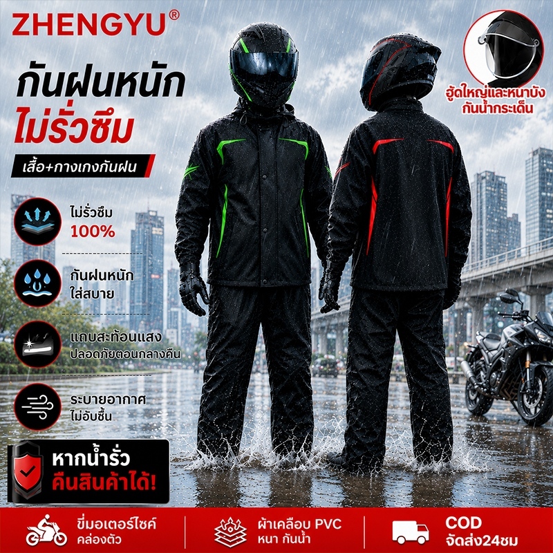 ชุดกันฝน เสื้อกันฝน อัพเกรดซับในตาข่าย หมวกถอดได้ กันน้ำกระเด็น ระบายอากาศ ไม่อับชื้น ใส่ทนทานเสื้อกันฝนผู้ใหญ่