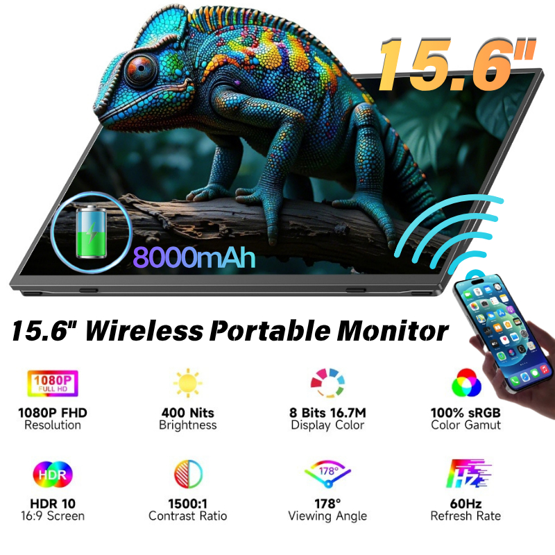 Wireless Portable Monitor 15.6" จอภาพแบบพกพาไร้สายขนาด 8000mAh ในตัว IPS 1080P 60Hz Bluetooth + WiFi