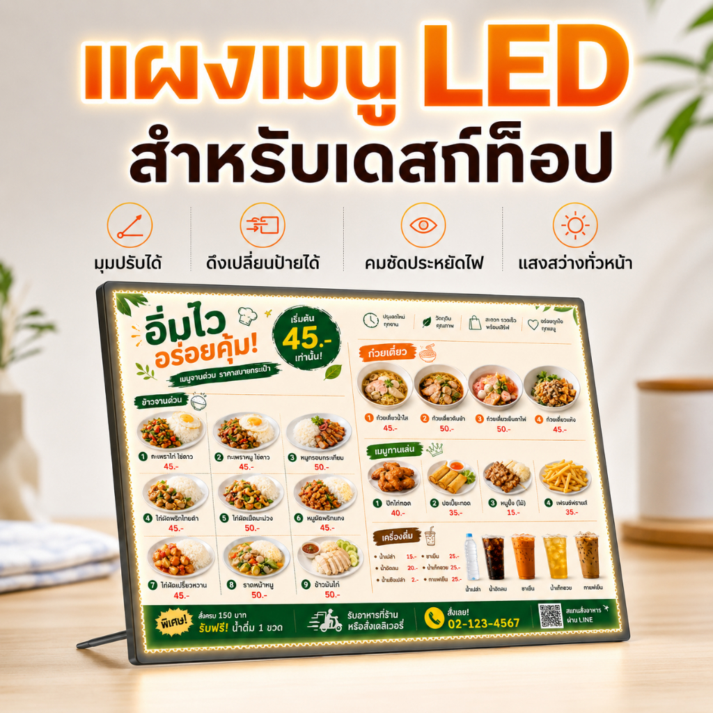กรอบไฟเมนูอาหาร LED A4 A3 A2 ชัดเจนสว่าง การจัดวางหลายมุม ป้ายไฟ ป้ายเมนู ป้ายเมนูอาหาร