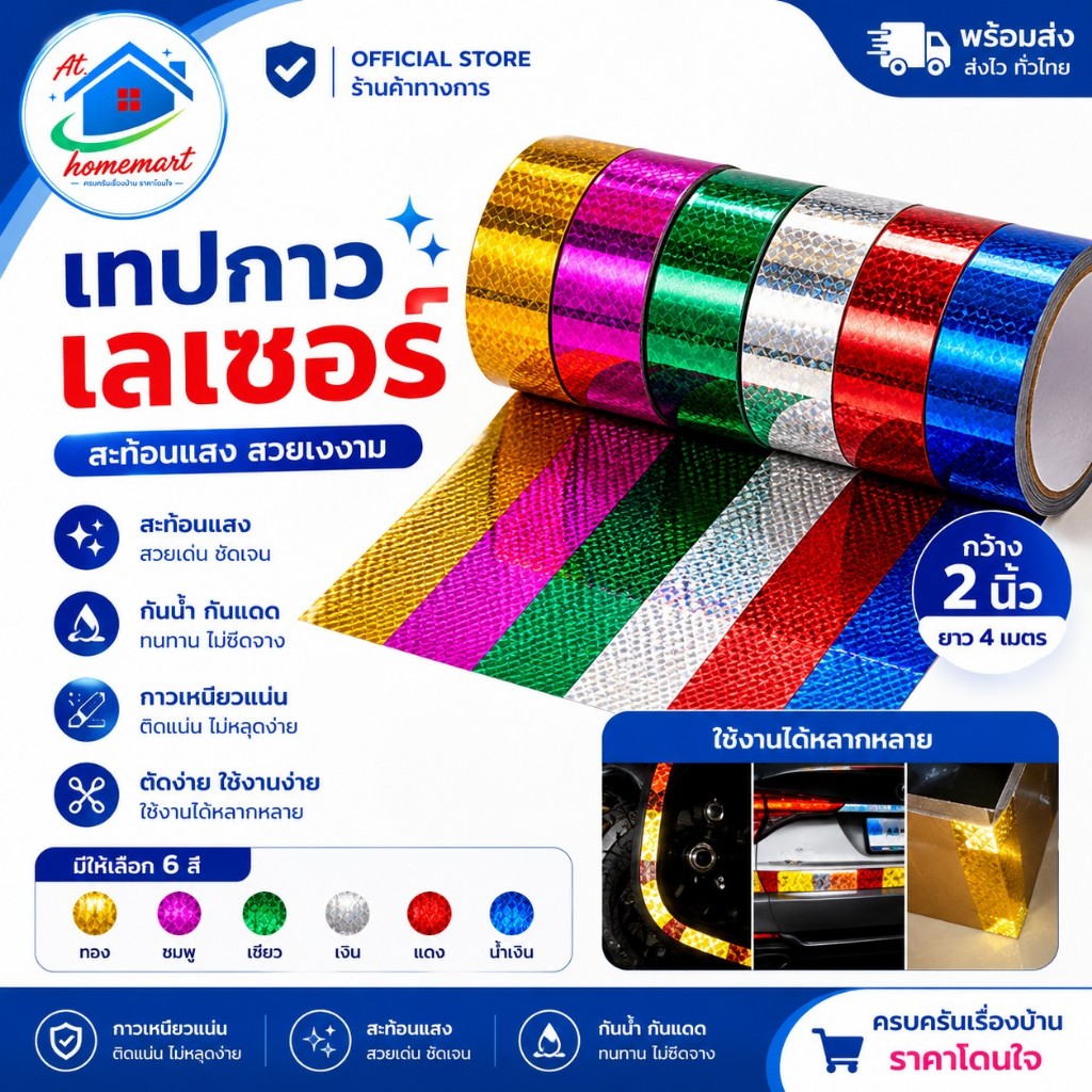 AT.Homemart เทปเลเซอร์ สติ๊กเกอร์เลเซอร์ 2 นิ้ว 15 หลา เทปกาวสีสายรุ้งสำหรับตกแต่ง เทปกาวเลเซอร์ใช้ตกแต่งเพิ่มความสวยงาม