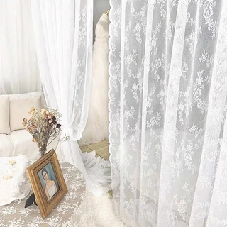 ผ้าม่านแบบสอด ลายกุหลาบแบบโปร่งแสง ผ้าม่านสำเร็จรูป ลายลูกไม้สีขาว ม่านสไตล์มินิมอล สําหรับตกแต่งบ้าน 🏘️พร้อมส่ง