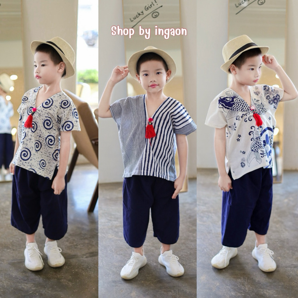 ชุดเด็กดอยพื้นเมือง เซ็ตเสื้อ+กางเกง(รุ่นคอวีทรงกะเหรี่ยง)มีไซส์เด็ก1-12ปี