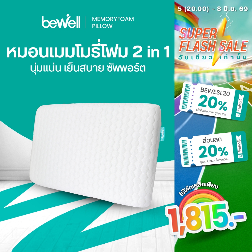 Bewell หมอนเมมโมรี่โฟม 2 in 1 นุ่มสบาย ไม่เปลี่ยนรูป มี 3 ไซส์ รองรับตามสรีระคอ บรรเทาอาการปวดคอที่เกิดจากการนอน