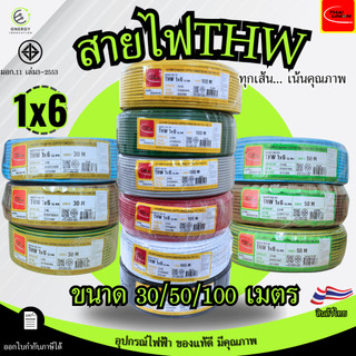 สายไฟTHW 1x6 Sq.mm. ยี่ห้อ THAI UNION ทองแดงแท้100%ยาว 30/50/100 เมตร มอก.11 เล่ม3-2553 มีหลายสี