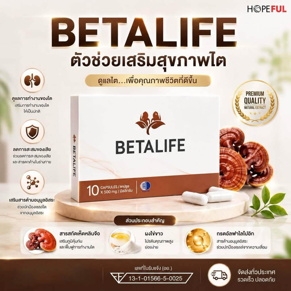 Beta Life เบต้าไลฟ์ เสริมสุขภาพไตสมดุล เห็ดหลินจือแดง(1กล่อง10 เม็ด)