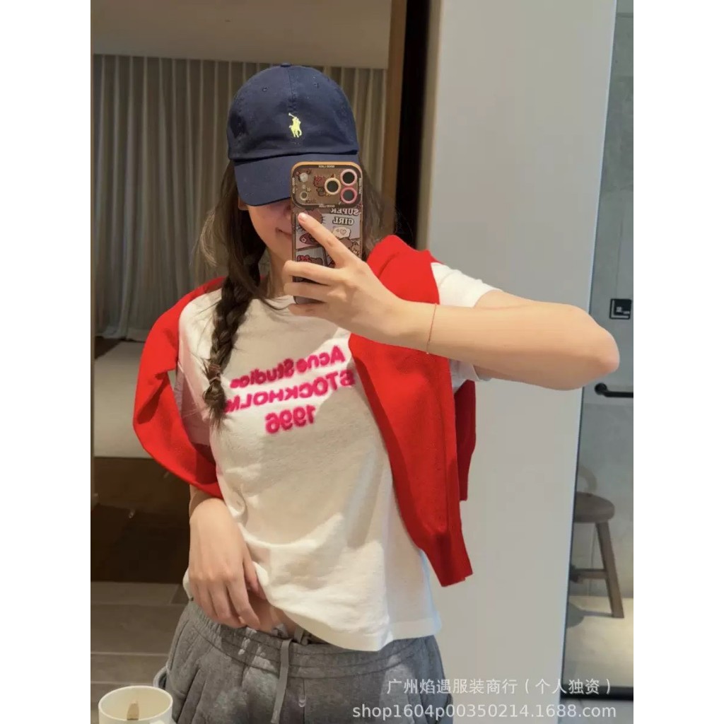 PP205 เสื้อยืด ac studio ทรง Baby Tee pink font ดีไซน์เรียบ effortless