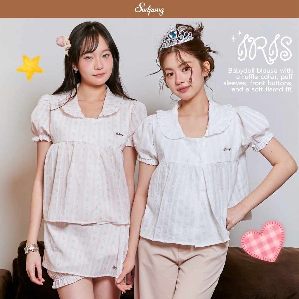 Iris_SP139 เสื้อโอเวอร์ไซส์แขนจั๊ม กระดุมดอกไม้ 4 เม็ด ใส่สบาย ทรงน่ารักสไตล์เกาหลี