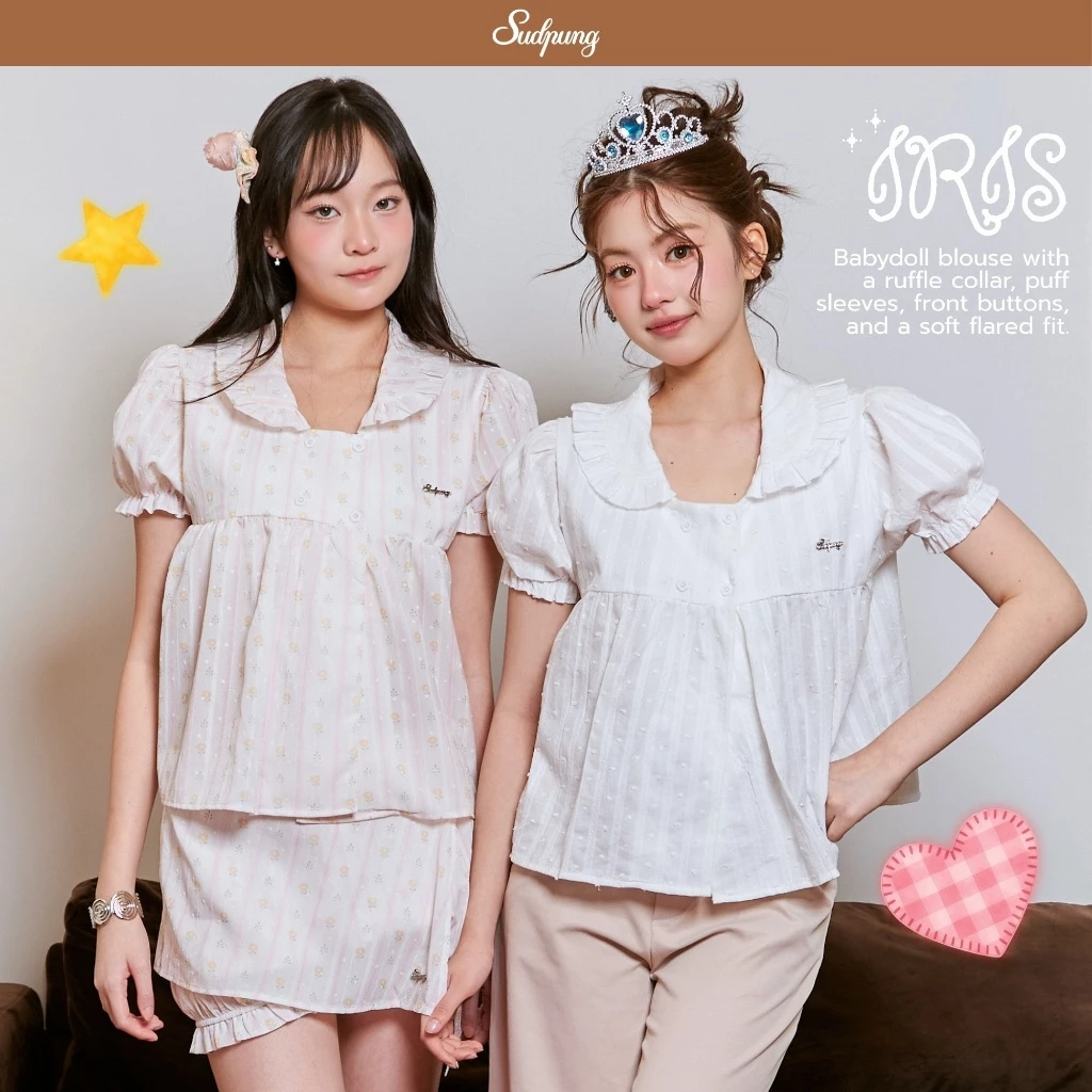 Iris_SP139 เสื้อโอเวอร์ไซส์แขนจั๊ม กระดุมดอกไม้ 4 เม็ด ใส่สบาย ทรงน่ารักสไตล์เกาหลี