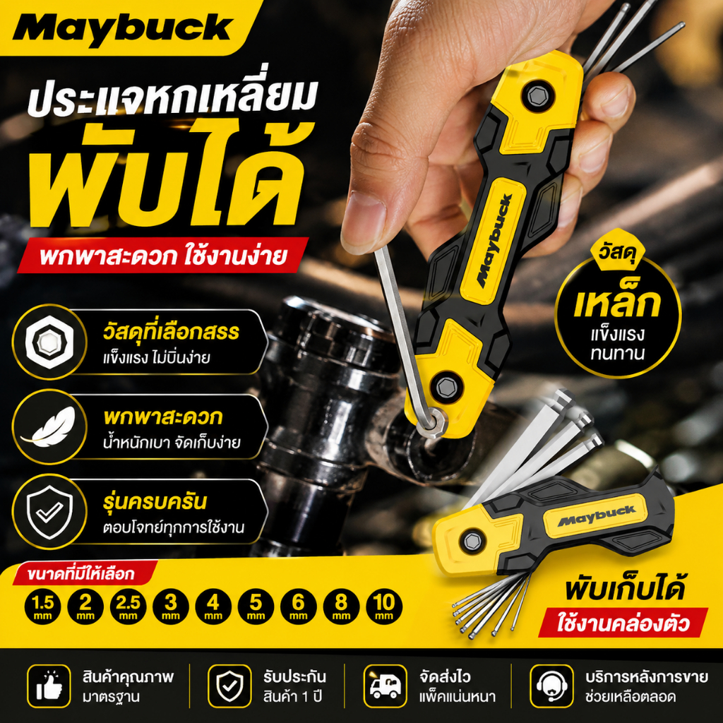 ประแจหกเหลี่ยมพับได้ ชุดประแจแอลหลายขนาด พกพาสะดวก วัสดุแข็งแรง ใช้งานง่าย เหมาะซ่อมรถ จักรยาน งานบ้านทั่วไป ชุดครบ