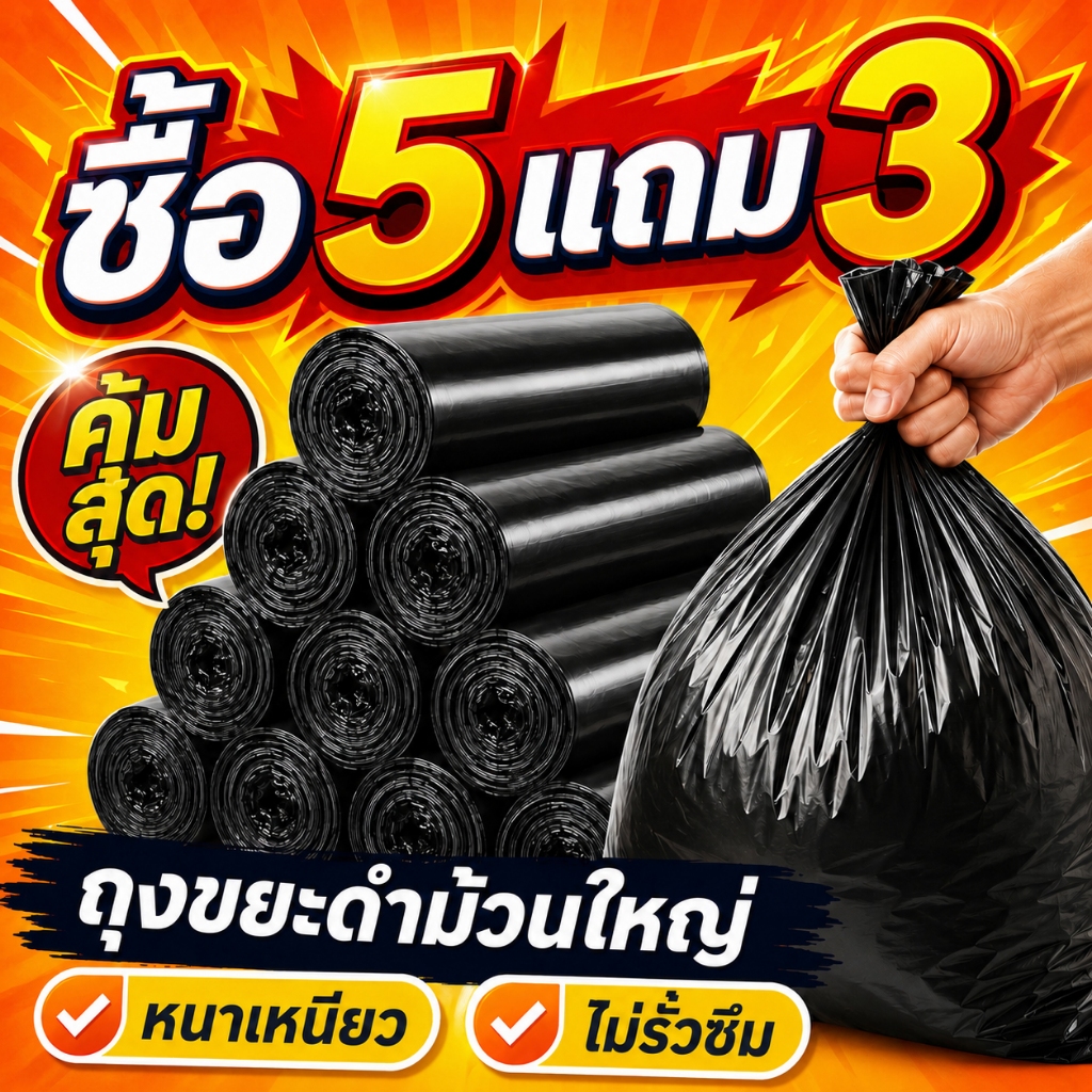 ถุงขยะแบบม้วน สีดำ 200 ใบ หนาเหนียว ไม่ขาดง่าย ไม่รั่วซึม สำหรับบ้าน ห้องครัว มีหลายขนาด