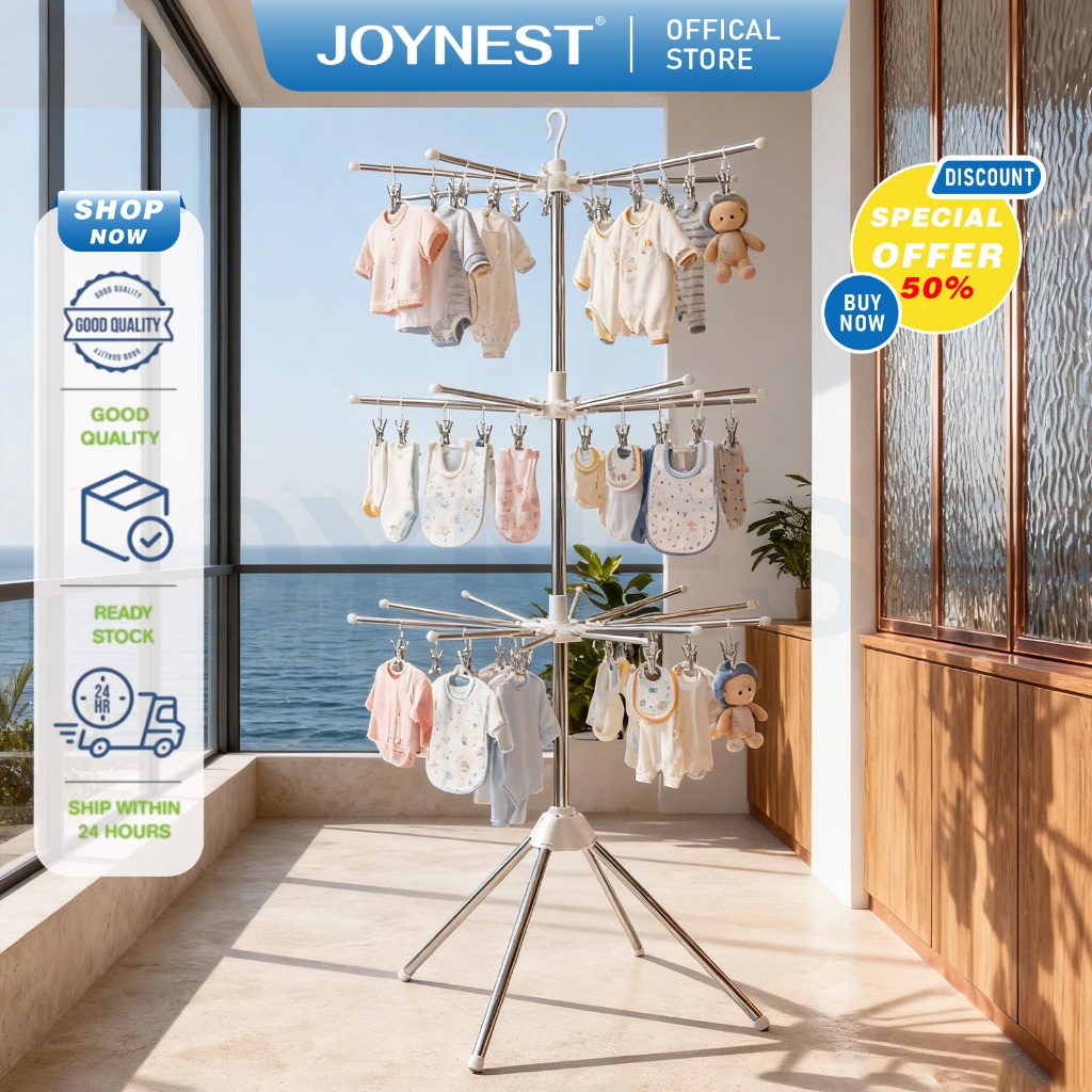 JOYNEST ราวตากผ้าสแตนเลส 3 in 1 พับได้ 3 ชั้น หมุนได้ 360° ตะขอ 30 ชิ้น ใช้แขวนเสื้อ รองเท้า เด็กได้