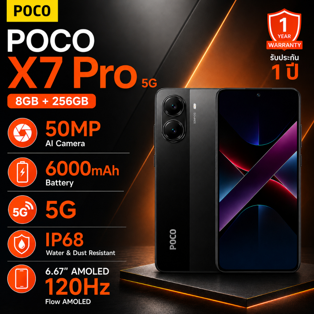 POCO X7 Pro 5G 8+256GB สมาร์ทโฟน Dimensity 8400 Ultra กล้อง 50MP OIS แบตเตอรี่ 6000mAh AMOLED 120Hz 