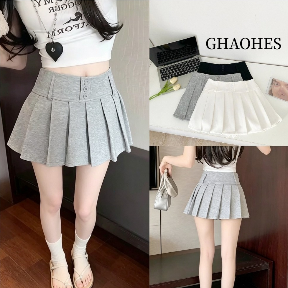 GHAOHES   🤍กระโปรงสั้นเอวสูงสไตล์เกาหลีสำหรับสาวเซ็กซี่ มีซับใน มีสามสี🖤#2061#Skirts