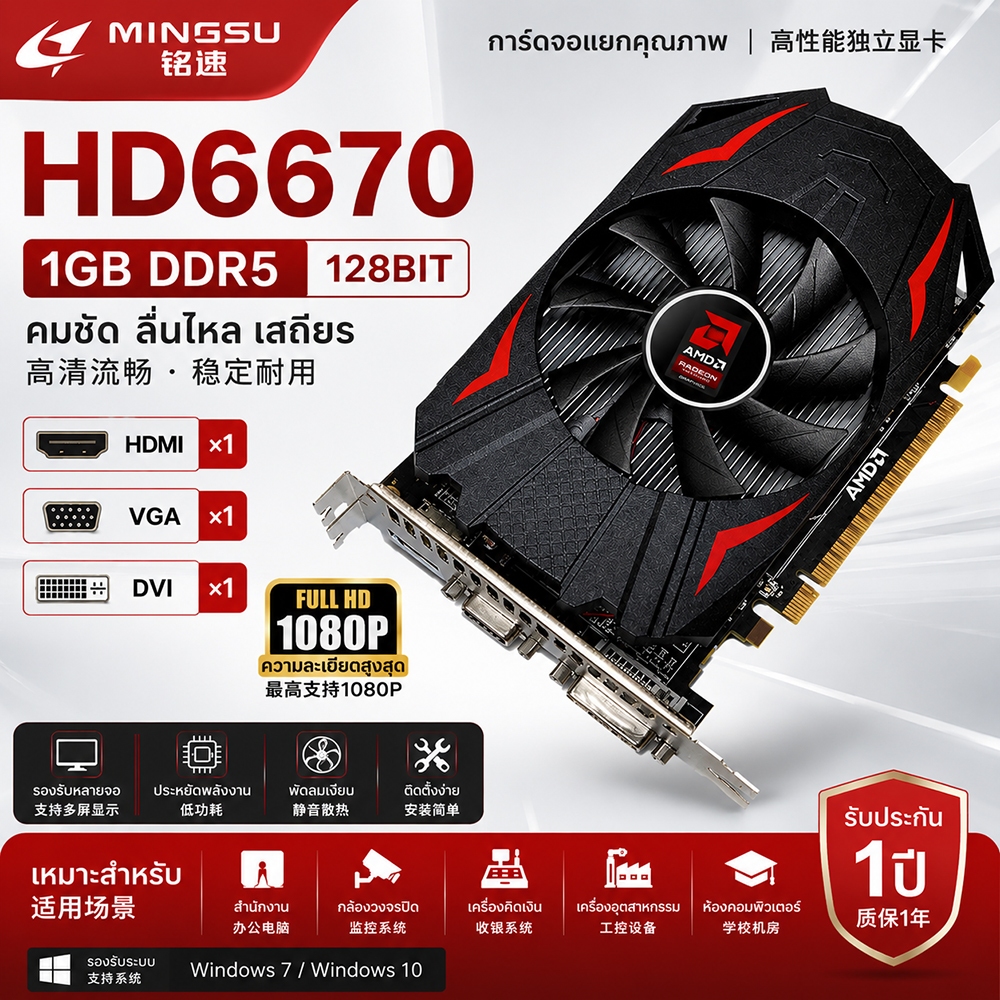 MINGSU HD6670 1GB DDR5 การ์ดจอแยก HDMI VGA DVI รองรับจอคู่ สำหรับสำนักงาน กล้องวงจรปิด และเครื่องคิด