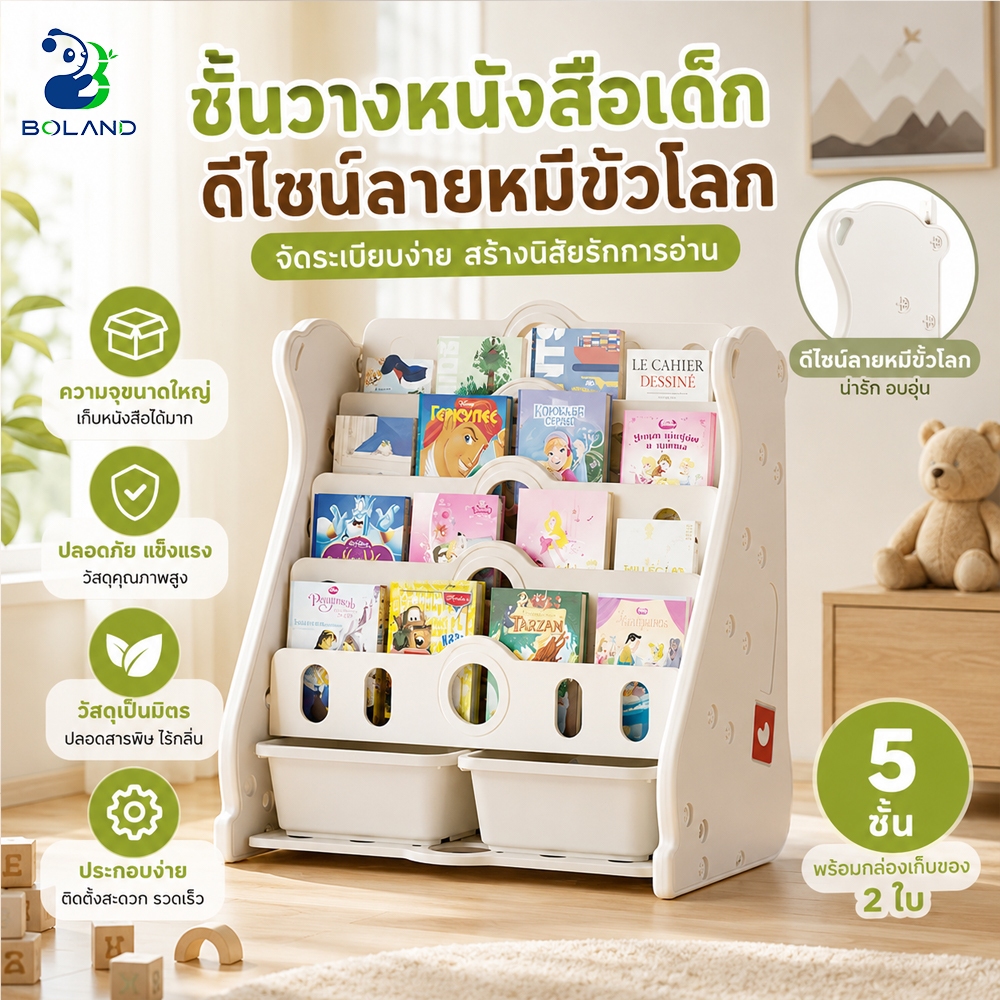 Boland ตู้หนังสือสำหรับเด็ก ชั้นหนังสือ ลายน่ารัก ขนาดพอดีบ้าน ใช้ได้ทั้งอ่านและเก็บของเล่น