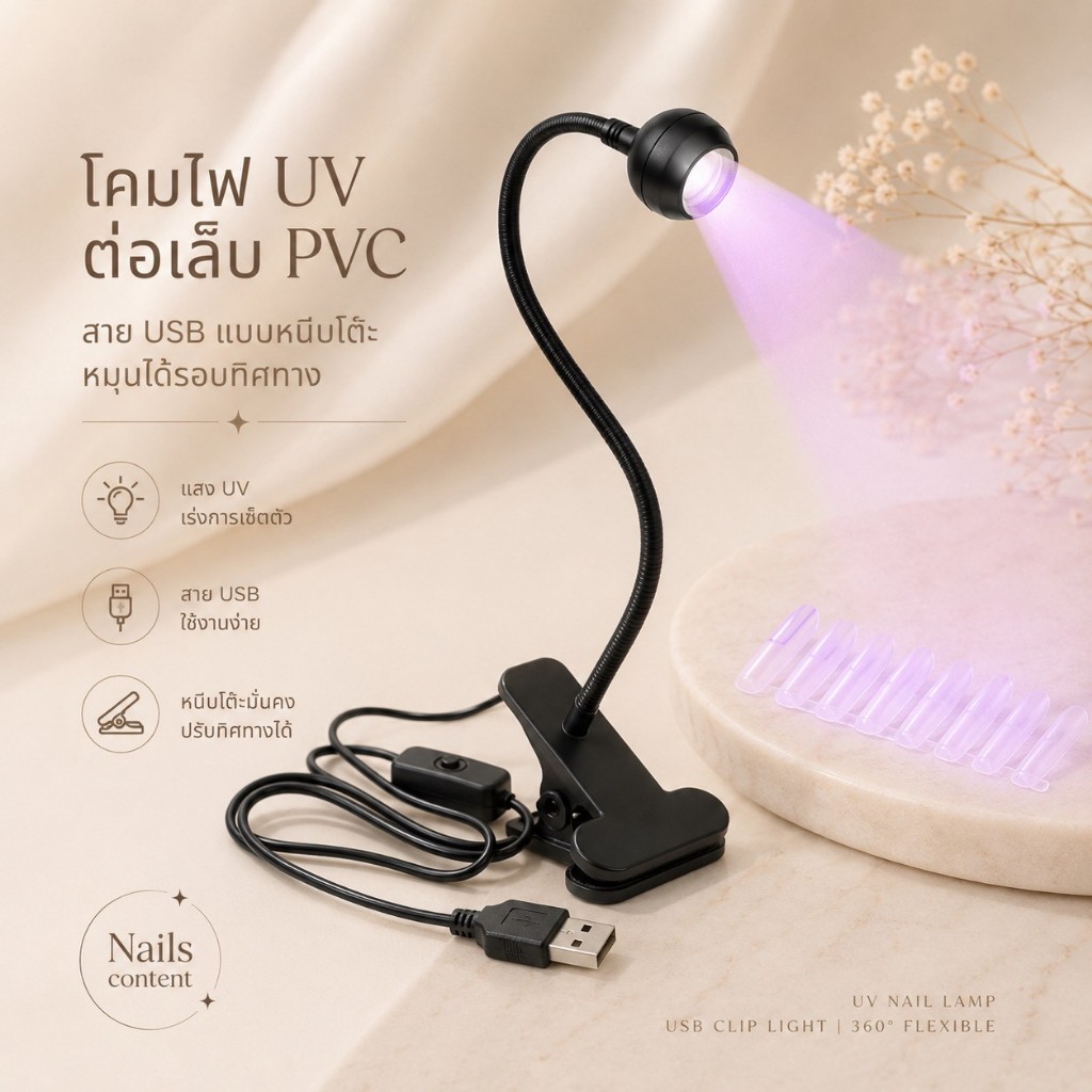 โคมไฟ UV ต่อเล็บ PVC (โคมไฟทำเล็บเจล)​ สาย USB แบบหนีบโต๊ะ หมุนได้รอบทิศทาง