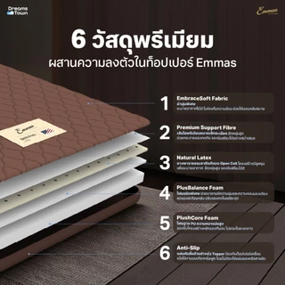 Emmas ที่นอนยางพาราแท้ ที่นอนปิคนิค ท็อปเปอร์ ที่รองนอน เพิ่มความแน่นให้ที่นอนลดปวดหลัง รุ่น Boston Topper Lite สีน้ำตาล