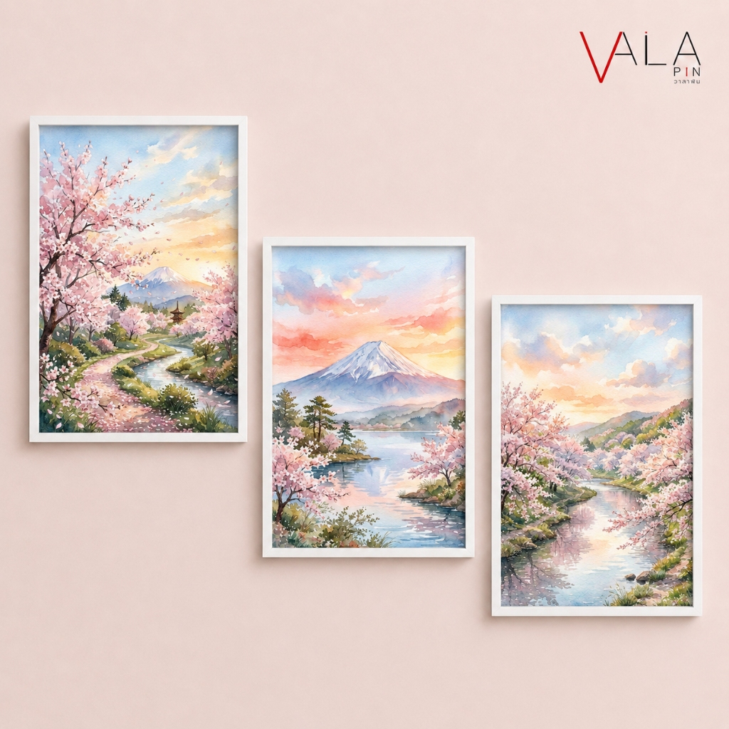 ภาพติดผนังธรรมชาติ ลายซากุระ ฟูจิ สไตล์ญี่ปุ่น โทนมินิมอล สวยละมุน แต่งบ้าน สวยๆ รวมกรอบสีขาว รูปภาพติดผนัง **พร้อมส่ง