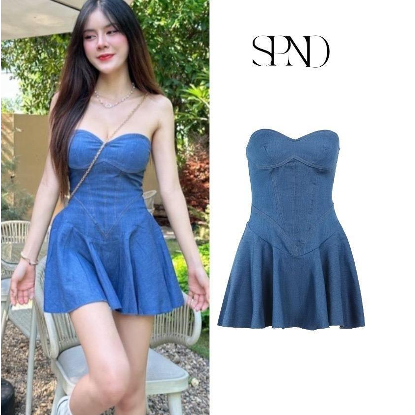 SPND เดรสยีนส์เกาะอก(พร้อมส่ง) รุ่นพรางหุ่นช่วงเอวเย็บทรงวี มีแทบกันลื่น SIZE SMLXL