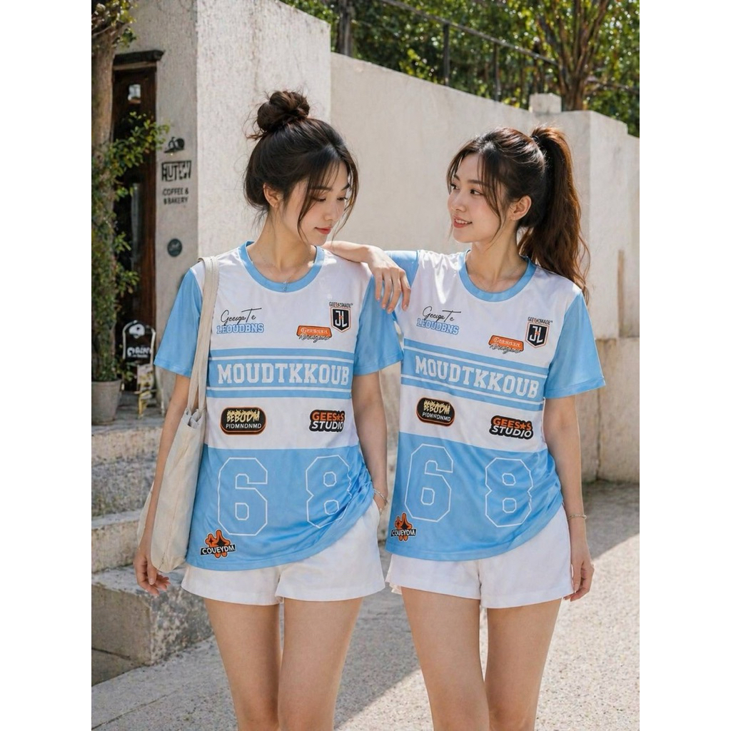 เสื้อกีฬาคอกลม พิมพ์ลายดีไซน์โดดเด่น เนื้อผ้าไมโครนุ่มสบาย ทรงสปอร์ตแฟชั่น แขนสั้น ใส่ได้ทั้งชายและหญิง พร้อมส่ง JQ2520