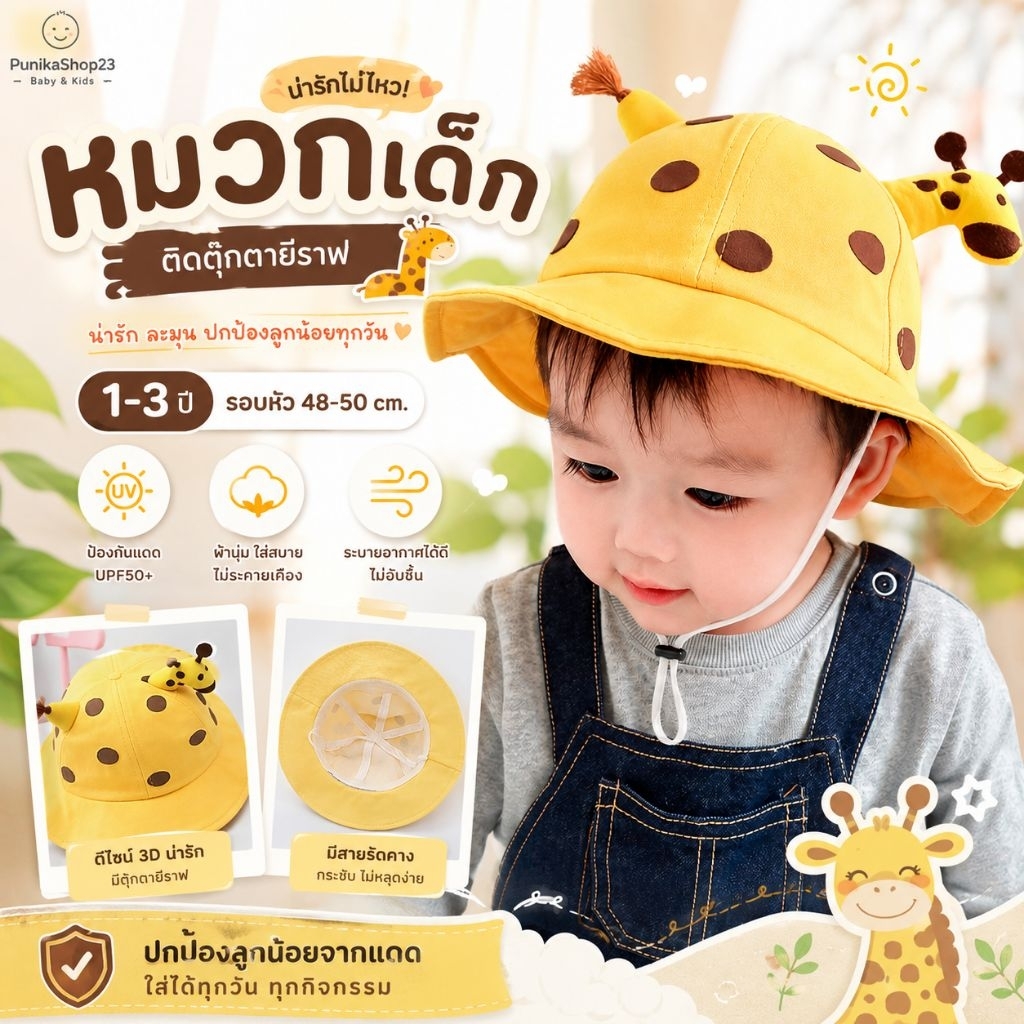 [พร้อมส่ง] หมวกบักเก็ตเด็ก 1-3 ปี หมวกเด็ก ผ้าลายจุด แต่งตุ๊กตายีราฟ มีสายรัดคาง ผ้านิ่มระบายอากาศ รอบหัว 48-50 cm
