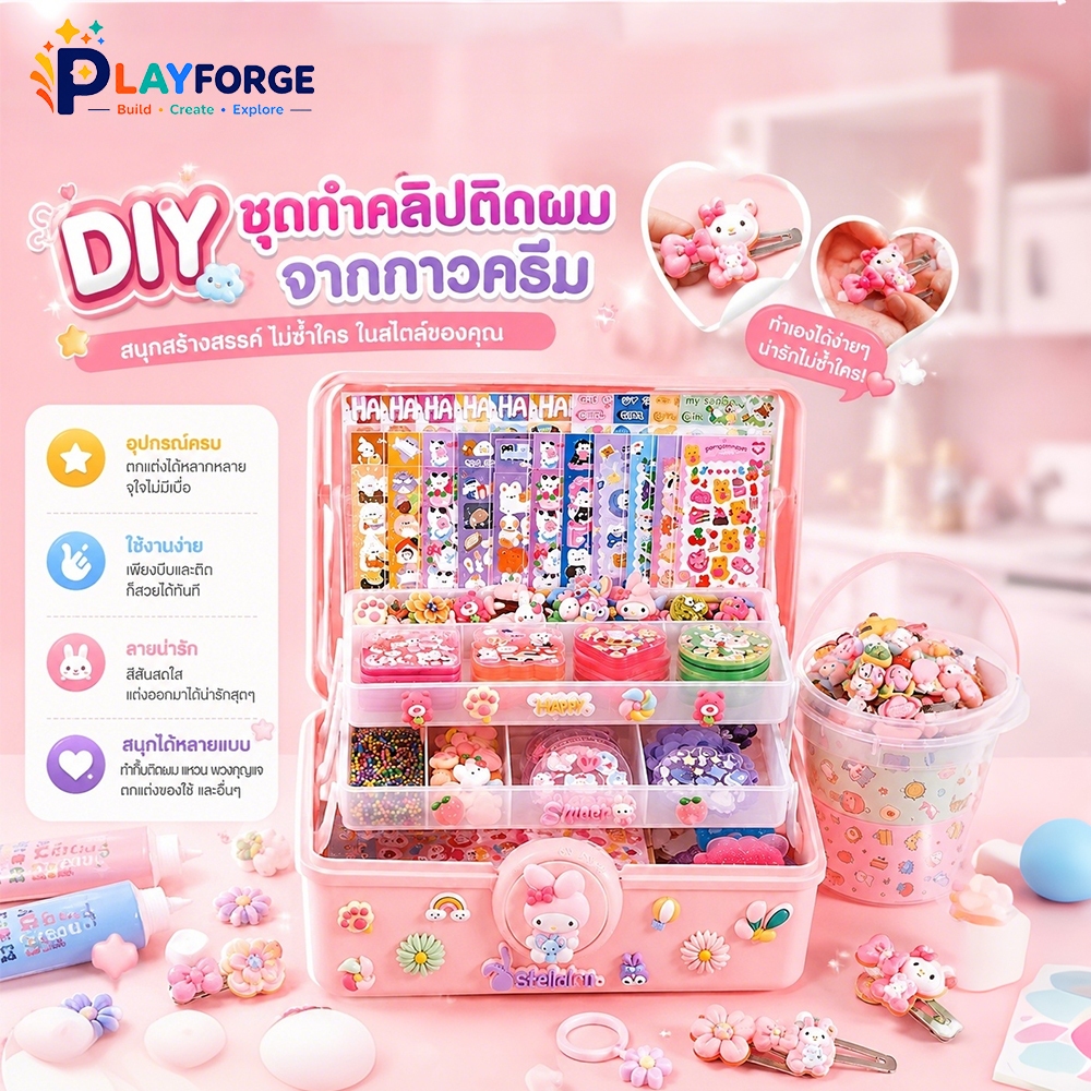 ชุดครีมกาว DIY พร้อมกล่องเก็บของ ทำพวงกุญแจ กิ๊บติดผม และสติ๊กเกอร์ ของเล่นสร้างสรรค์สำหรับเด็กผู้หญิง