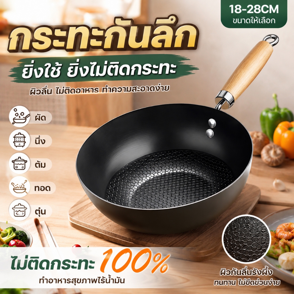 กระทะจีนก้นลึก ไม่มีสารเคลือบ ด้ามไม้กันร้อน ใช้ผัด ทอด ต้ม ทำอาหารเพื่อสุขภาพ ใช้ได้กับเตาแก๊สและเตาแม่เหล็กไฟฟ้า