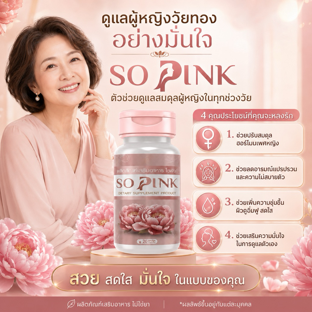 So Pink(โซพิงค์) อาหารเสริมผู้หญิง บำรุงฮอร์โมนผู้หญิง ลดอารมณ์เหวี่ยงวีนในวัยทอง ลดตกขาว มีกลิ่น ฟิต