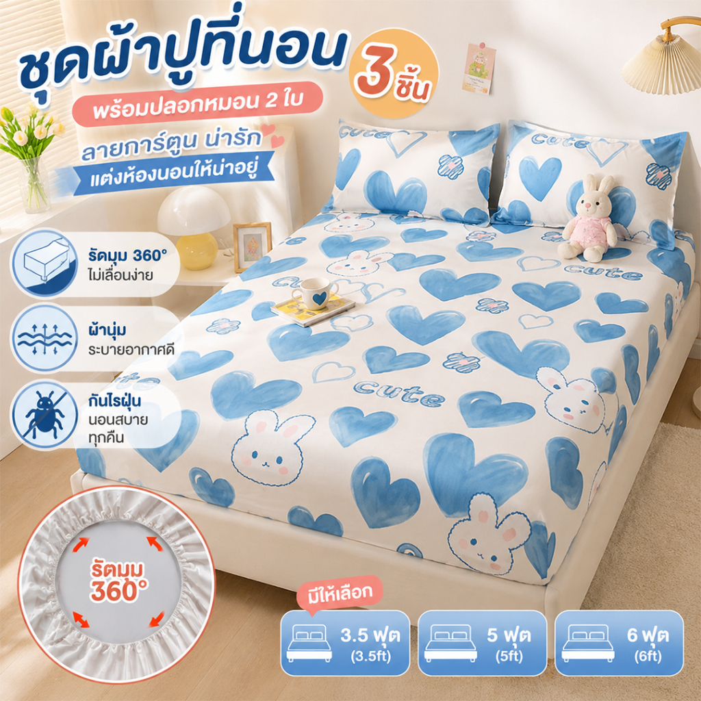 ผ้าปูที่นอนรัดมุม 360° ลายการ์ตูน 3ชิ้น พร้อมปลอกหมอน2ใบ ระบายอากาศ กันไรฝุ่น 3.5/5/6ฟุต ชุดเครื่องนอนใช้บ้าน
