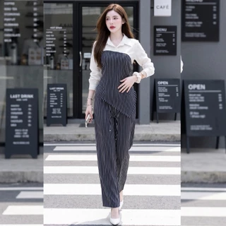 สินค้าพร้อมส่ง ชุดเซตออกงานผ้าไหมอิตาลีลายริ้ว เสื้อคอปกทรูโทนจีบข้างติดกระดุม+กางเกงเอวเรียบสม๊อคหลังซิปข้างแต่งสายผูก