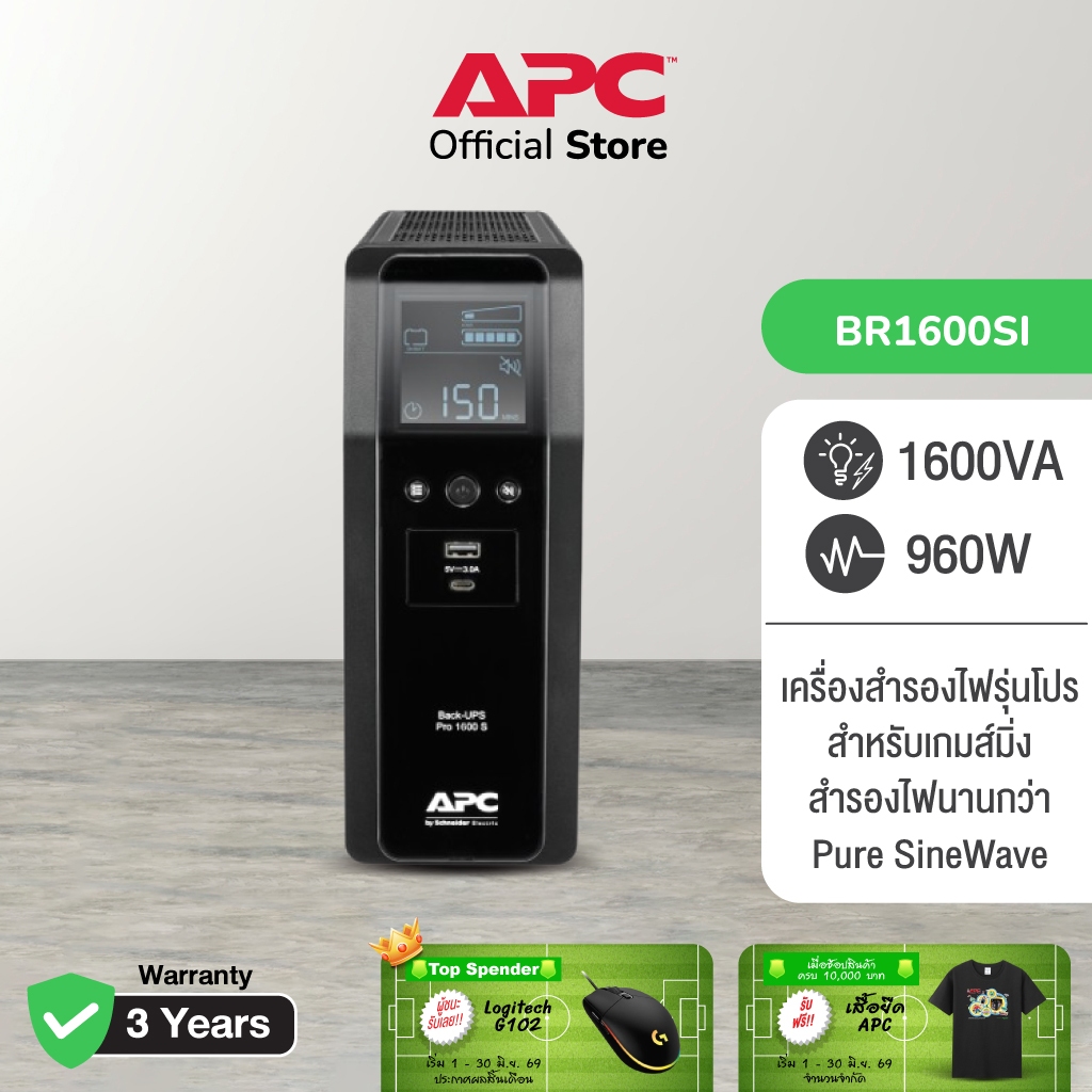 APC Back UPS Pro BR1600SI (1600VA/960WATT) ระบบ Pure Sine Wave หน้าจอ LCD แจ้งเตือนสถานะ