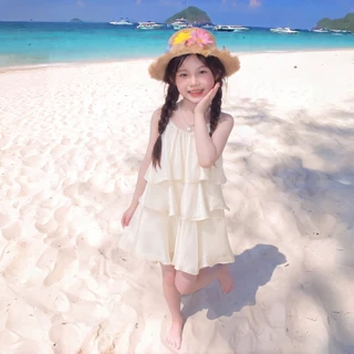 2-9 ปี สไตล์เกาหลี สายรัดคอ เดรสแขนกุด แฟชั่นฤดูร้อน เหมาะสำหรับไปทะเลและงานวันเกิด ชุดเดรสหลายชั้นเด็กผู้หญิง