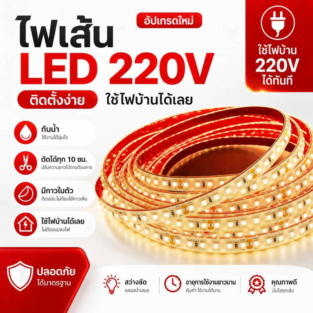 ไฟ LED Strip ขนาด 220 โวลต์พร้อมปลั๊ก SMD2835 IP68 กันน้ำ 120Leds / m พร้อมกาวด้านหลังทุก 10 ซม. สามารถตัดแถบไฟอ่อนสำหรั ราคาถูก Shopee Lazada