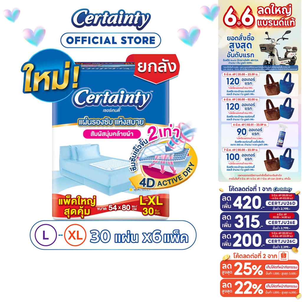[ขายยกลัง] Certainty Bed Sheet เซอร์เทนตี้ แผ่นรองซับ JPL-XL 30ชิ้น*6ถุง