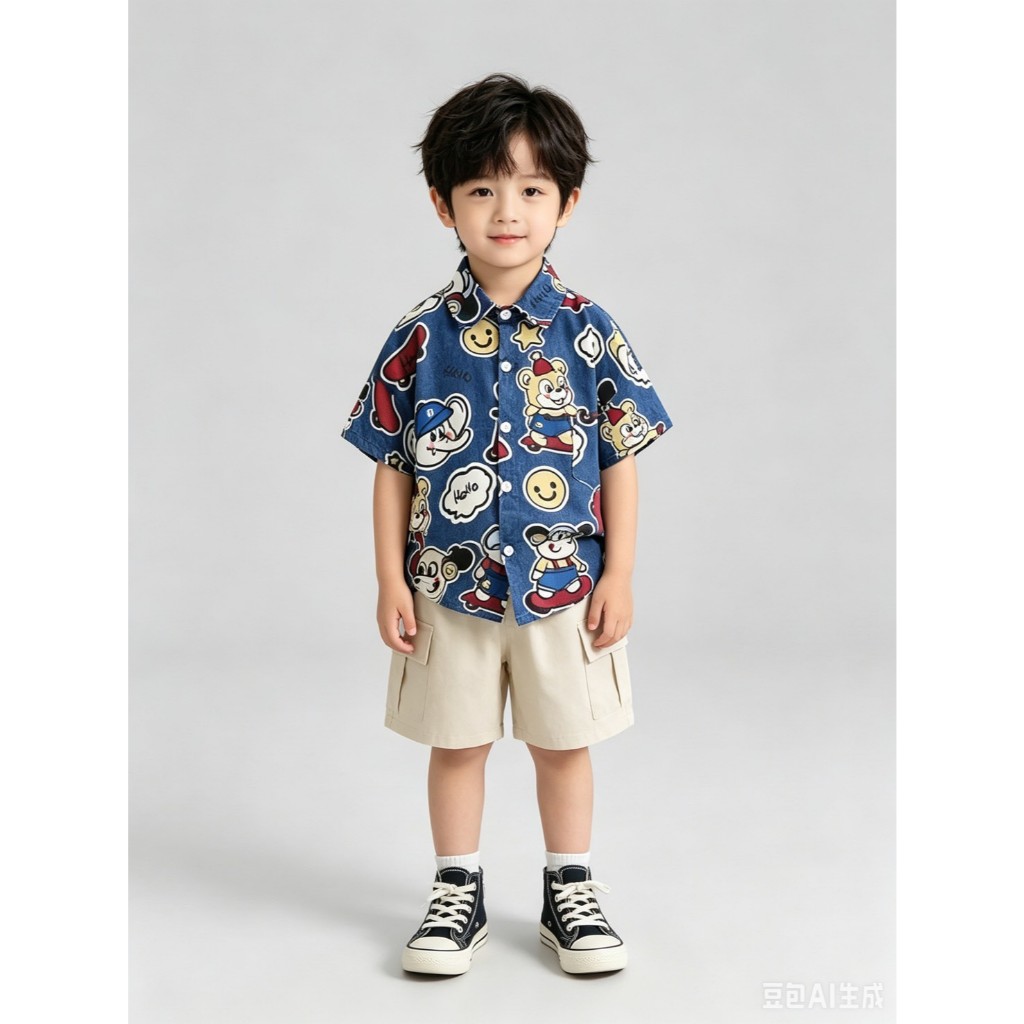 BB306 ชุดเด็กฤดูร้อน เสื้อเชิ้ตลายการ์ตูนหน้ายิ้ม รูปที่ 3