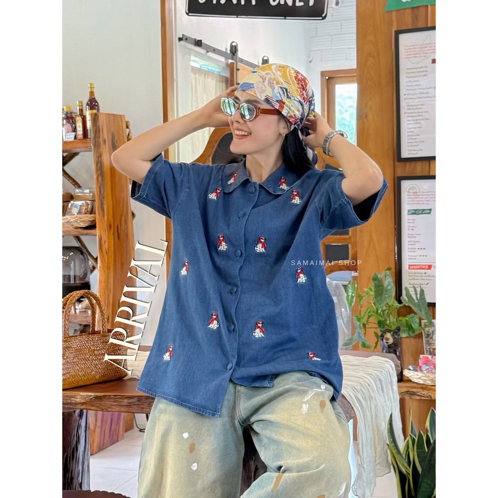 เสื้อแขนสั้นคอบัว ผ้ายีนส์งานปักน้องหมาทั้งตัว สไตล์วินเทจ #880151