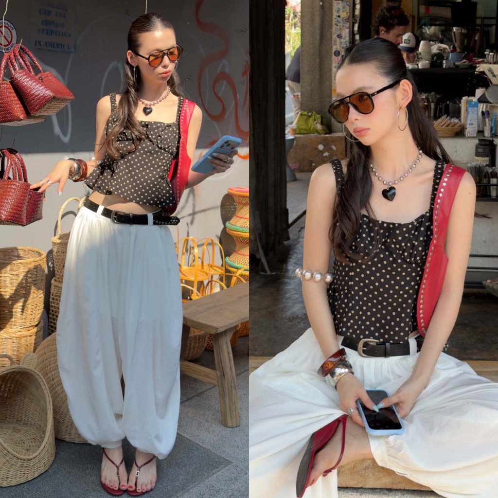 BY0520 เสื้อกล้ามแต่งสม็อคหลัง ผ้าดำลายจุดครีม ผ้าบาง benly co