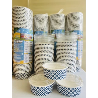 ถ้วยอาหารกระดาษ ลายคราม ยกแพ็ค 25 ชิ้น และ 50 ชิ้น พร้อมฝาปิด ขนาด 750ml.