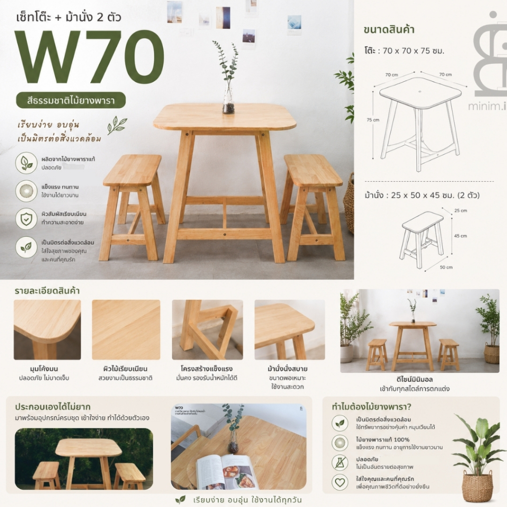 W70 - ลบขอบมุมมน ( ราคาเฉพาะโต๊ะ )