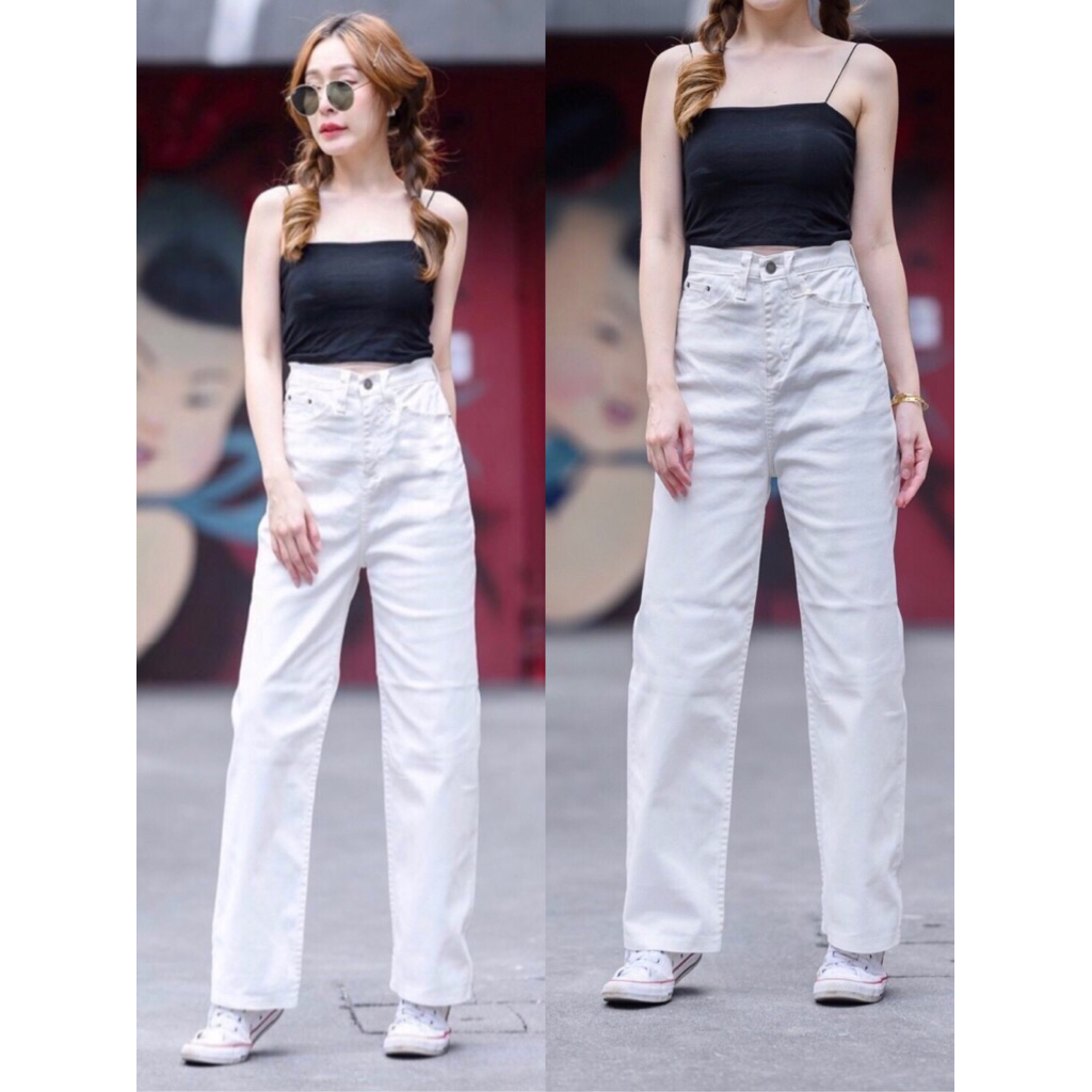 กางเกงยีนส์สีขาวขากระบอกกลางเอวสูงผ้ายืดผ้าไม่บางใส่ได้ทุกโอกาส M L XL 2x 3x ควรเผื่อไซส์